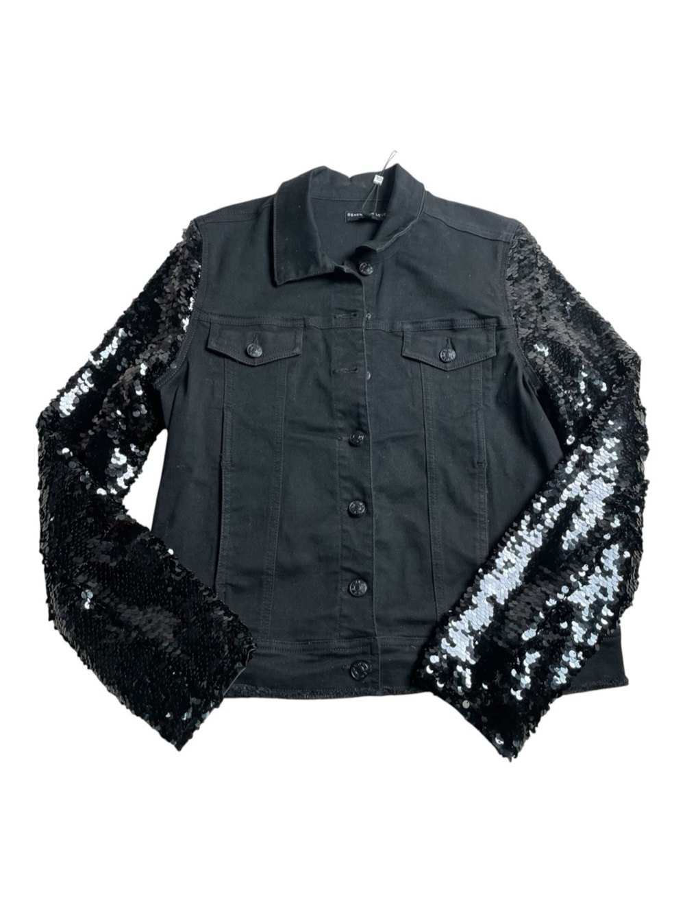 NWT Generation Love Black Denim Jacket with Sequin Sleeves
